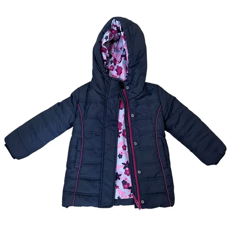 Hatley Navy Blue and Purple Floral Stars Fitted Puffer Rain Jacket Kids Size 3